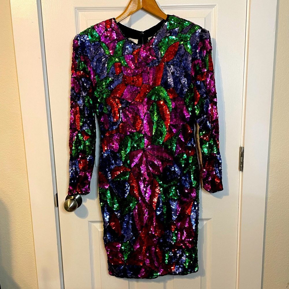 VTG Jon Charles long sleeve multicolored mosaic sequined evening dress sz M